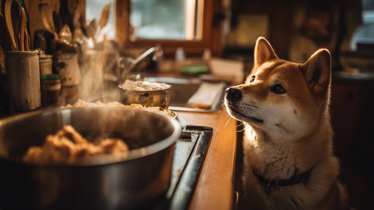 料理をみつめる柴犬