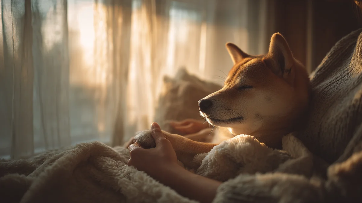 飼い主に抱き抱えられて寝ている柴犬