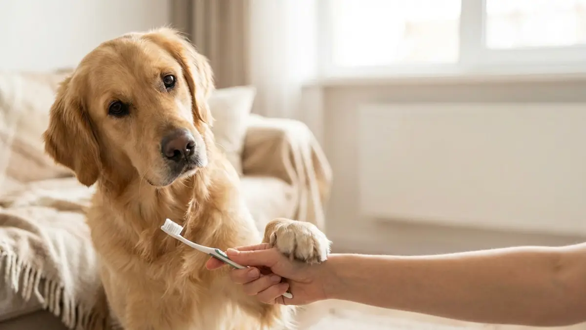 愛犬の歯周病について考える犬の表情が印象的な画像