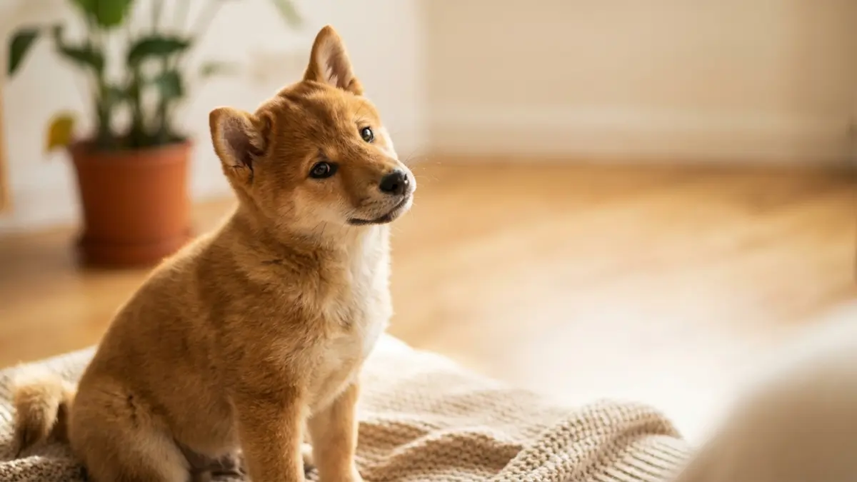 首をかしげる柴犬