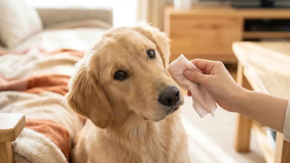 目を優しく見つめる犬
