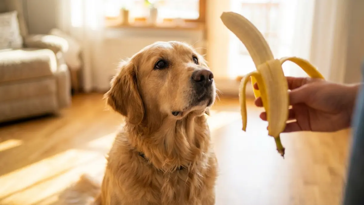 バナナを見つめる犬