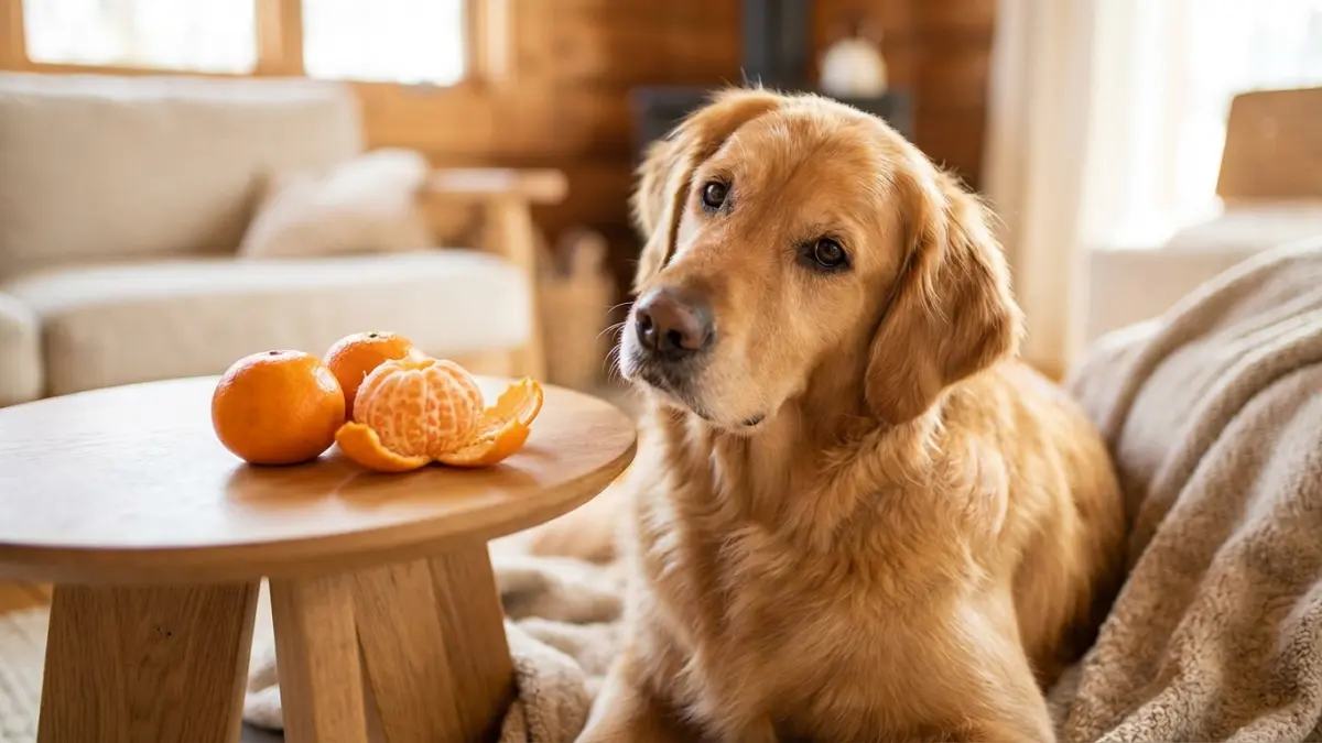 みかんを見つめる犬