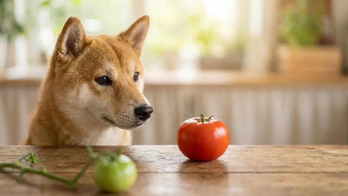 トマトを見つめる犬