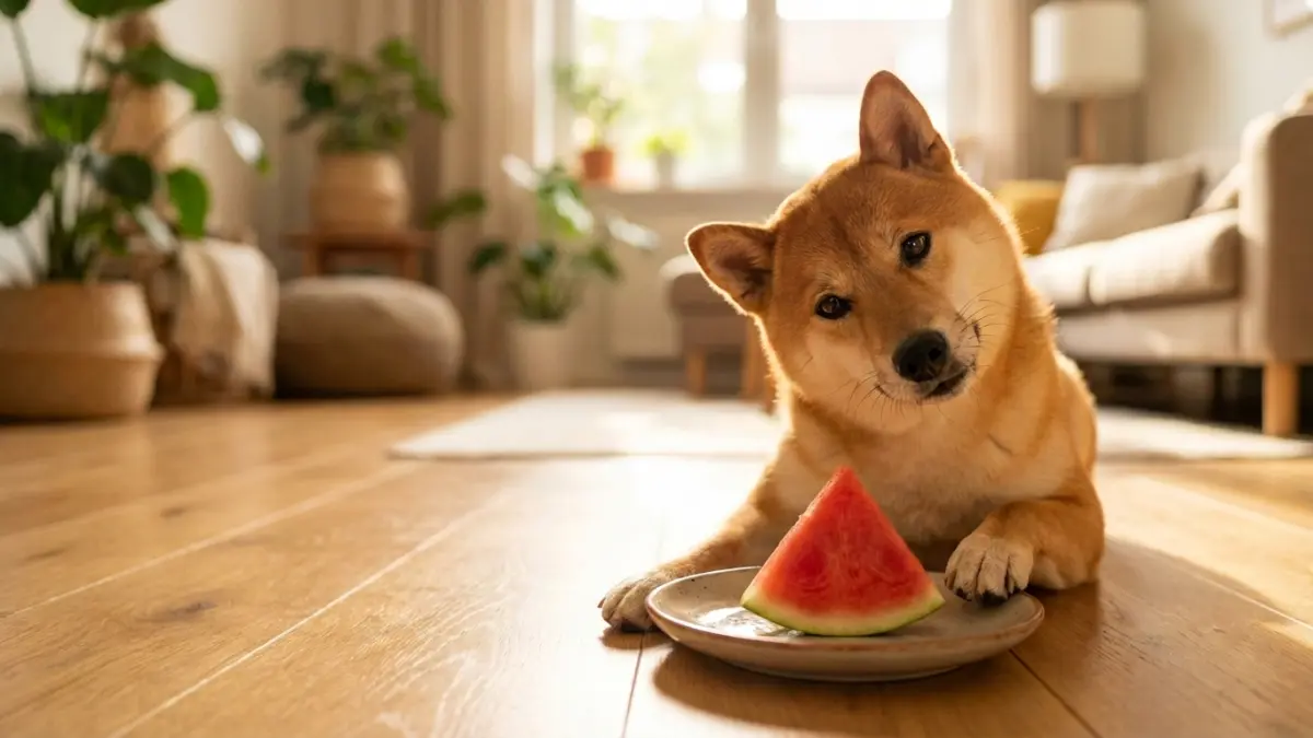 スイカを見つめる柴犬