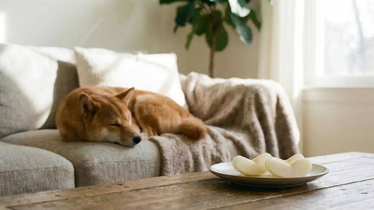 梨とソファで眠る柴犬