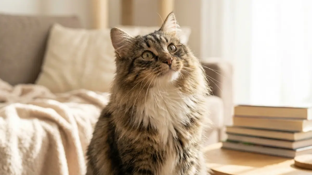飼い主を見つめるノルウェージャンフォレストキャット