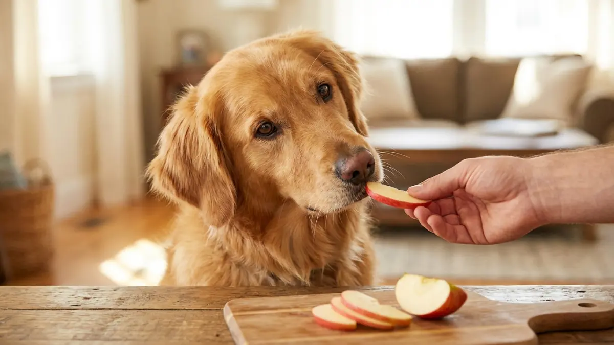 りんごを見つめる犬