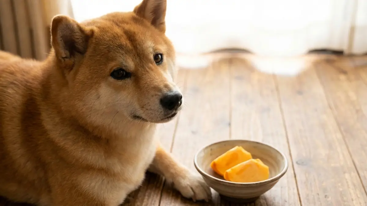 柿を前に待ってる柴犬