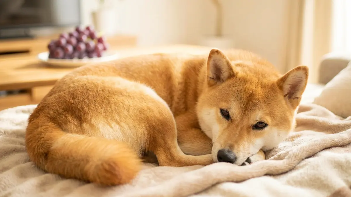 ぶどうの前にリラックする柴犬