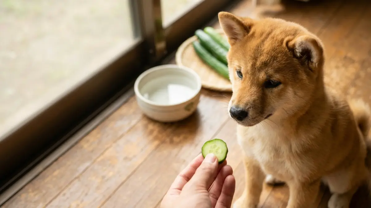 きゅうりをみつめる柴犬