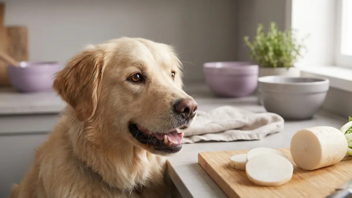 大根を見つめる犬