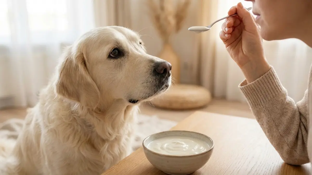 ヨーグルトを見つめる犬