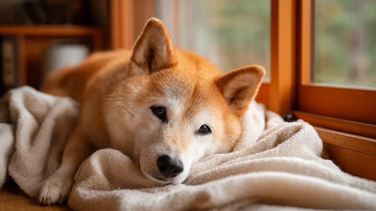 窓際で眠たそうにしている柴犬